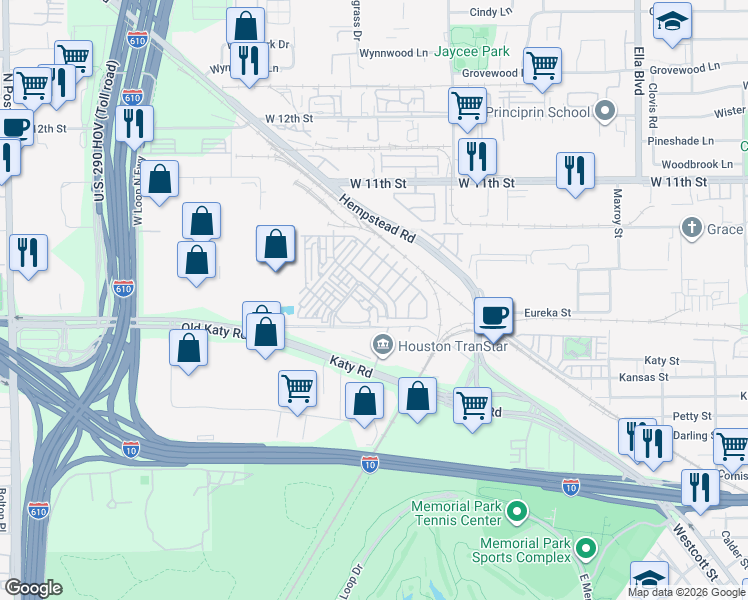 map of restaurants, bars, coffee shops, grocery stores, and more near 7002 Old Katy Road in Houston
