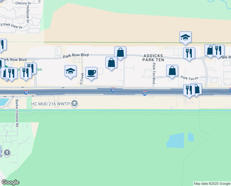 map of restaurants, bars, coffee shops, grocery stores, and more near 16625 Barker Springs Road in Houston