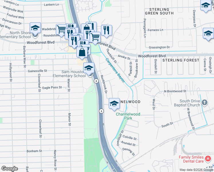 map of restaurants, bars, coffee shops, grocery stores, and more near 658 Rockbrook Drive in Houston