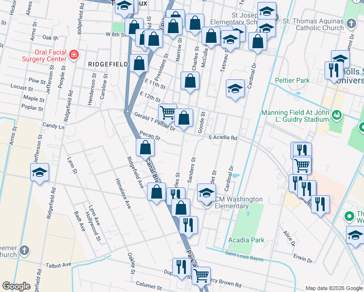 map of restaurants, bars, coffee shops, grocery stores, and more near 1266 Saint Charles Street in Thibodaux