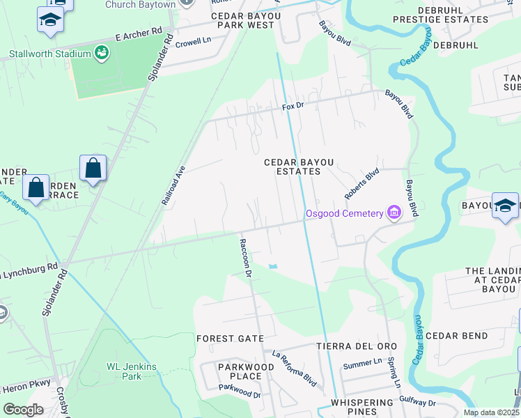 map of restaurants, bars, coffee shops, grocery stores, and more near 5107 Timber Ridge Street in Baytown