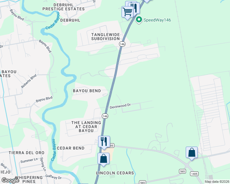 map of restaurants, bars, coffee shops, grocery stores, and more near 6050 Sandy Creek Drive in Baytown