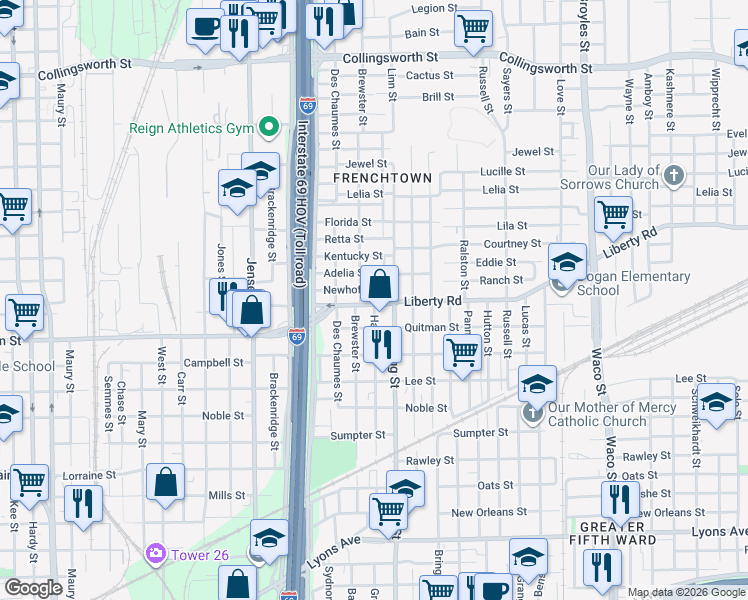 map of restaurants, bars, coffee shops, grocery stores, and more near 2600 Brewster Street in Houston