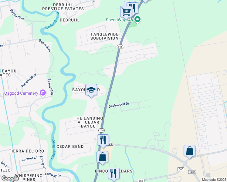 map of restaurants, bars, coffee shops, grocery stores, and more near 6130 Texas 146 in Baytown