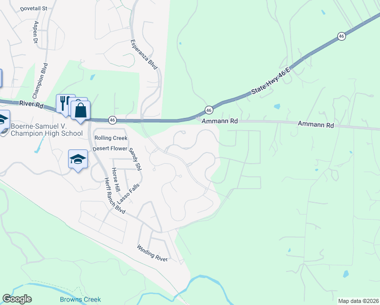 map of restaurants, bars, coffee shops, grocery stores, and more near 118 Boulder Creek in Boerne