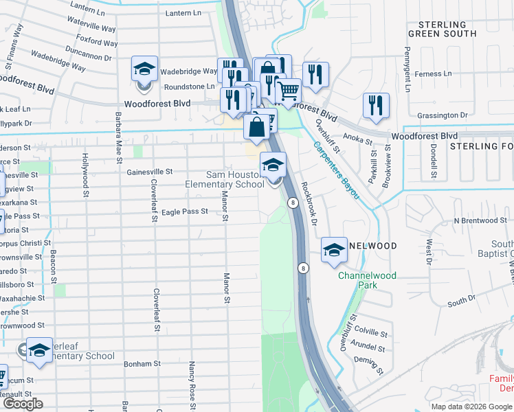 map of restaurants, bars, coffee shops, grocery stores, and more near 14645 Texarkana Street in Houston
