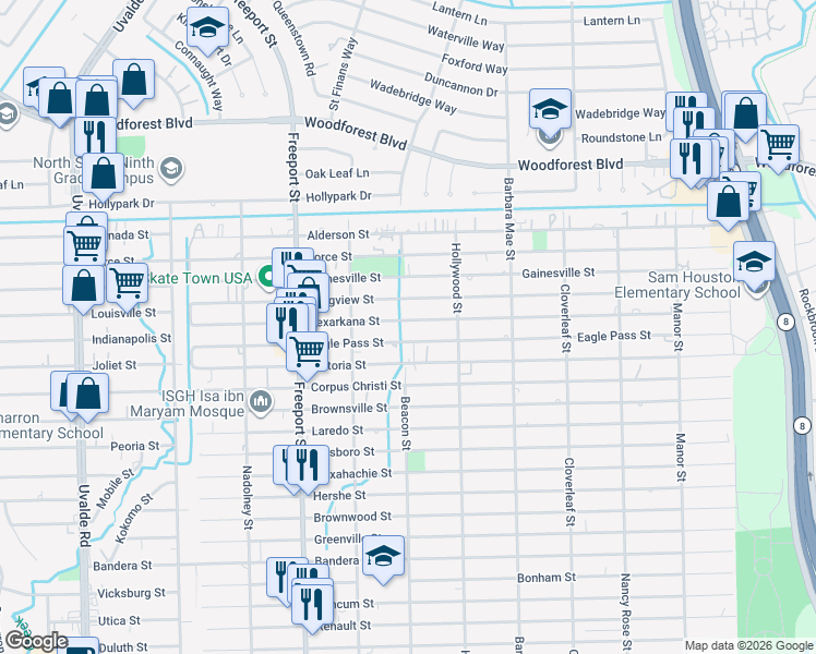 map of restaurants, bars, coffee shops, grocery stores, and more near 14115 Texarkana Street in Houston