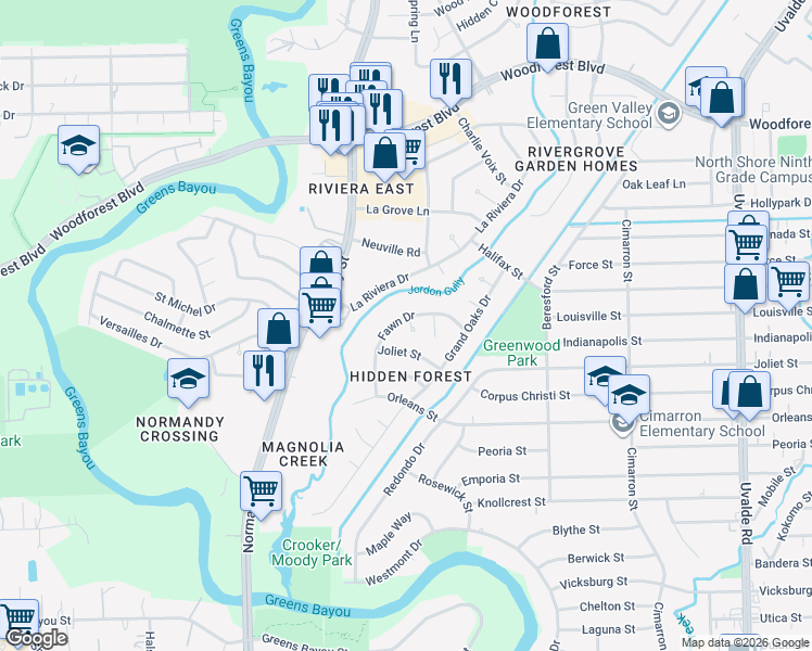 map of restaurants, bars, coffee shops, grocery stores, and more near 726 Fawn Drive in Houston