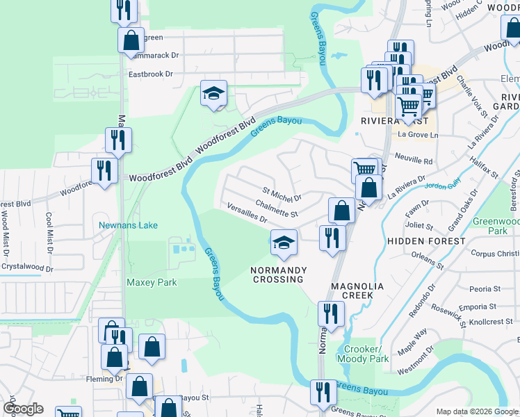 map of restaurants, bars, coffee shops, grocery stores, and more near 12466 Saint Michel Drive in Houston