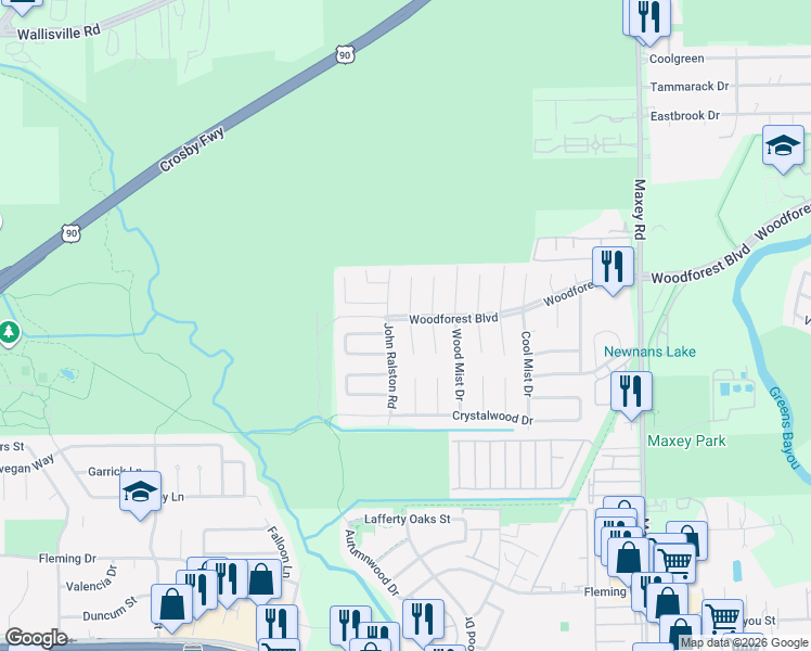 map of restaurants, bars, coffee shops, grocery stores, and more near 535 Slumberwood Drive in Houston