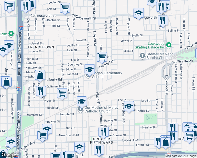 map of restaurants, bars, coffee shops, grocery stores, and more near 2507 Kirk Street in Houston