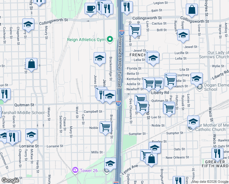 map of restaurants, bars, coffee shops, grocery stores, and more near 2623 Eastex Freeway Service Road in Houston