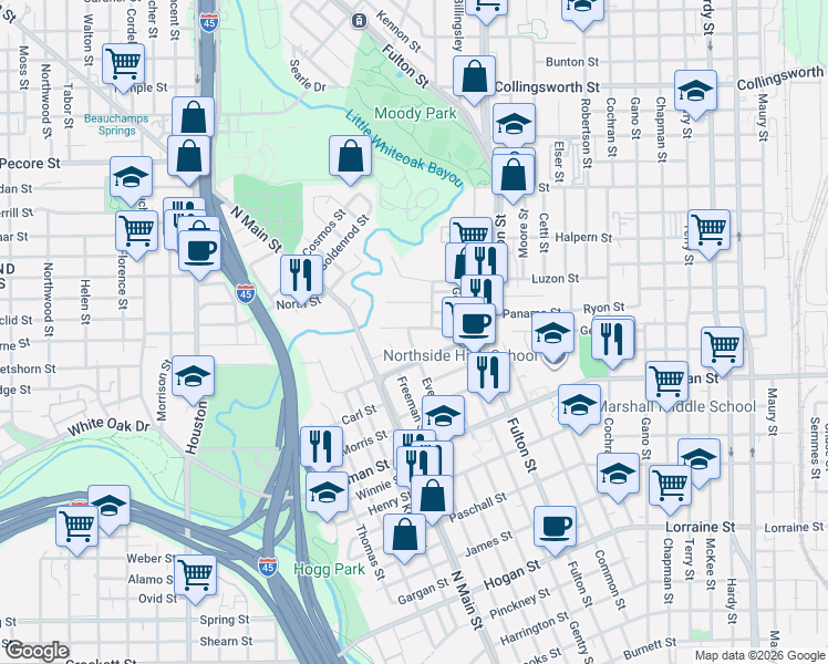 map of restaurants, bars, coffee shops, grocery stores, and more near 805 McIntosh Street in Houston
