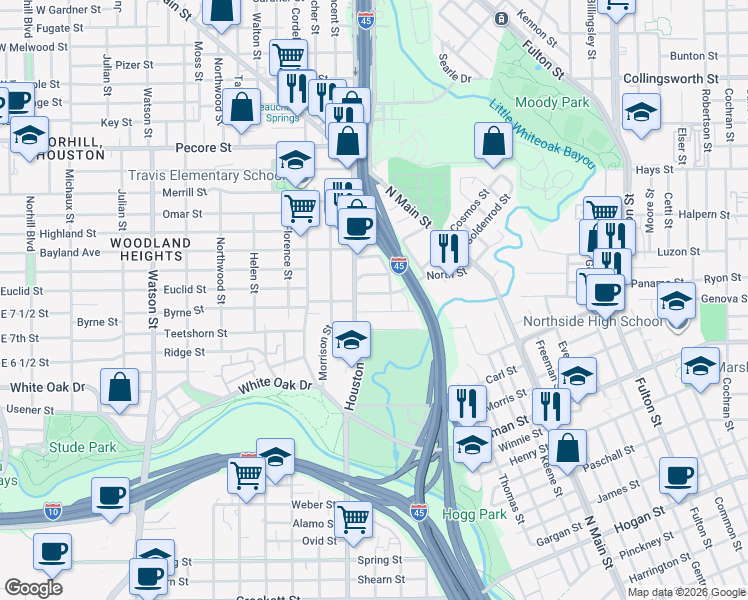 map of restaurants, bars, coffee shops, grocery stores, and more near 210 East Woodland Street in Houston