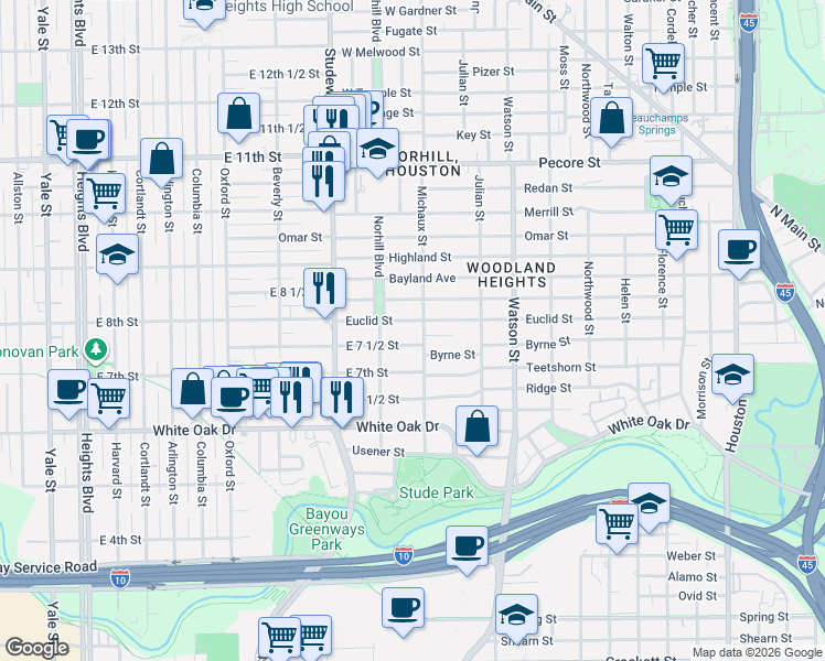map of restaurants, bars, coffee shops, grocery stores, and more near 1015 Euclid Street in Houston