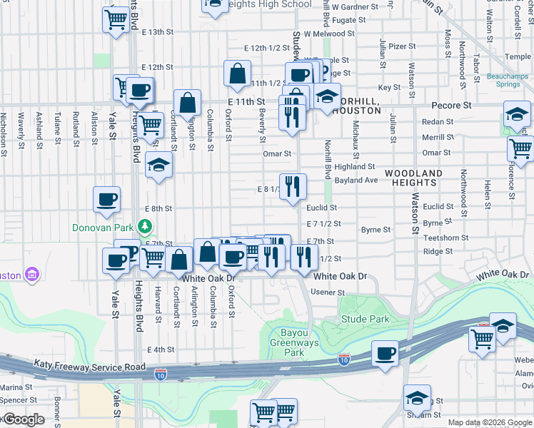 map of restaurants, bars, coffee shops, grocery stores, and more near 705 East 8th Street in Houston