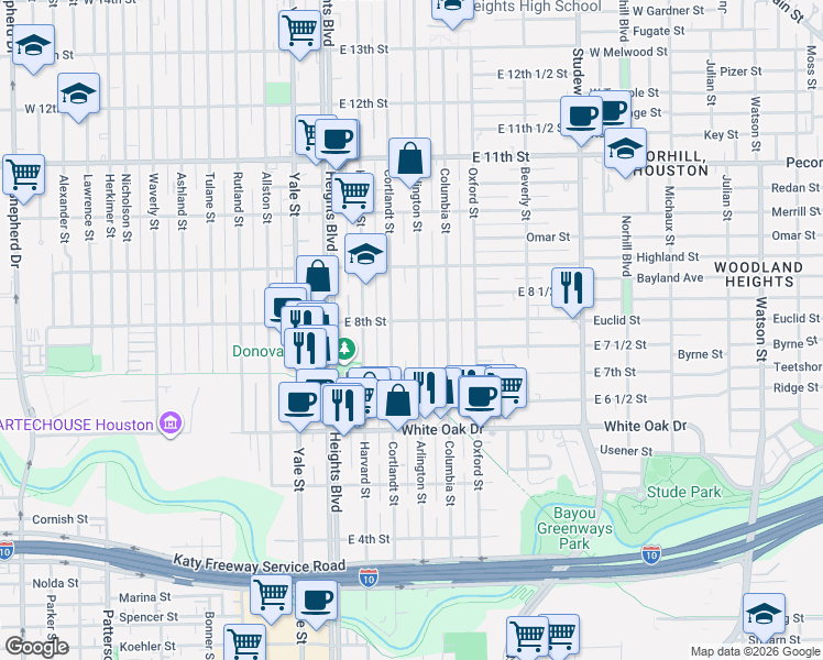 map of restaurants, bars, coffee shops, grocery stores, and more near 802 Arlington Street in Houston