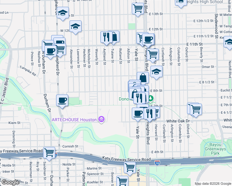map of restaurants, bars, coffee shops, grocery stores, and more near 409 West 8th Street in Houston