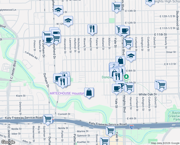 map of restaurants, bars, coffee shops, grocery stores, and more near 810 Ashland Street in Houston