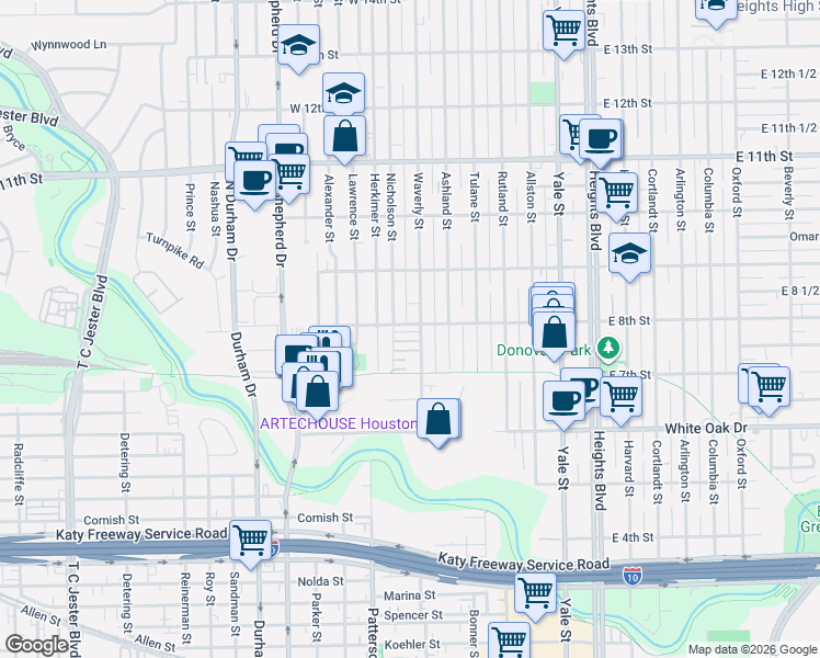 map of restaurants, bars, coffee shops, grocery stores, and more near 811 Waverly Street in Houston