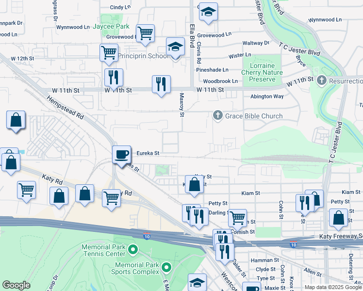 map of restaurants, bars, coffee shops, grocery stores, and more near 3030 Maxroy Street in Houston
