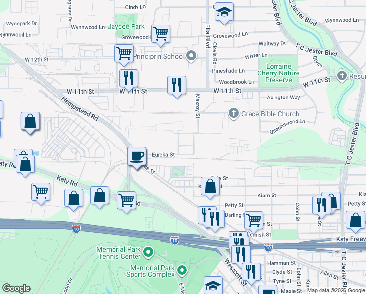 map of restaurants, bars, coffee shops, grocery stores, and more near 3030 Maxroy Street in Houston