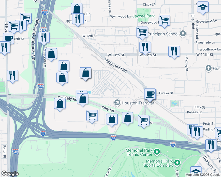 map of restaurants, bars, coffee shops, grocery stores, and more near 7002 Old Katy Road in Houston