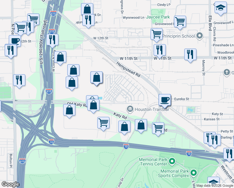 map of restaurants, bars, coffee shops, grocery stores, and more near 7002 Old Katy Road in Houston