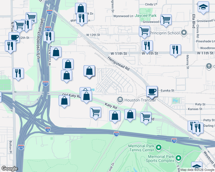 map of restaurants, bars, coffee shops, grocery stores, and more near 802 Dunleigh Meadows Lane in Houston