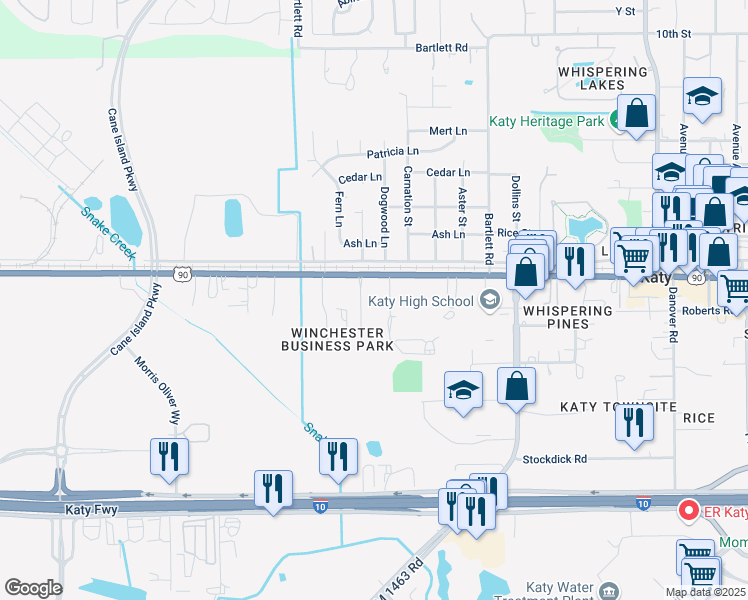 map of restaurants, bars, coffee shops, grocery stores, and more near 6701 Highway Boulevard in Katy