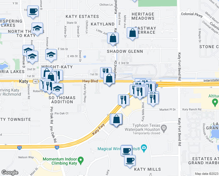 map of restaurants, bars, coffee shops, grocery stores, and more near 5315 Highway Boulevard in Katy