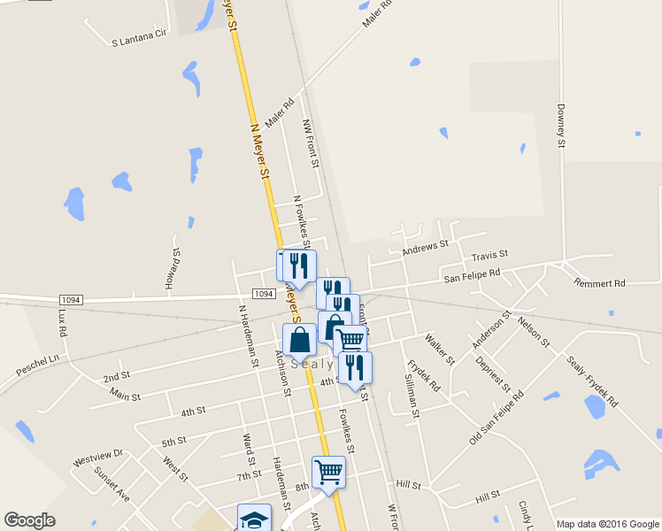 map of restaurants, bars, coffee shops, grocery stores, and more near 217 Elizabeth Lane in Sealy