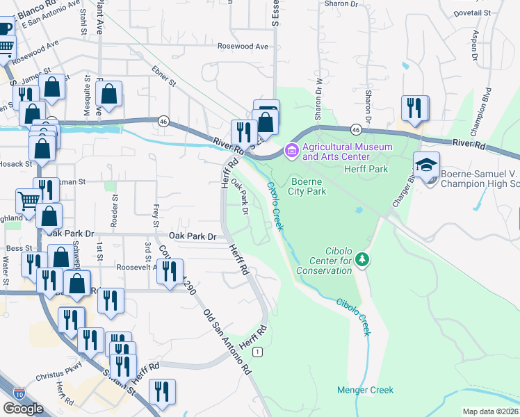 map of restaurants, bars, coffee shops, grocery stores, and more near 701 Oak Park Drive in Boerne