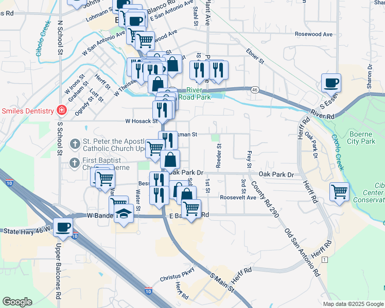 map of restaurants, bars, coffee shops, grocery stores, and more near 309 Schweppe Street in Boerne