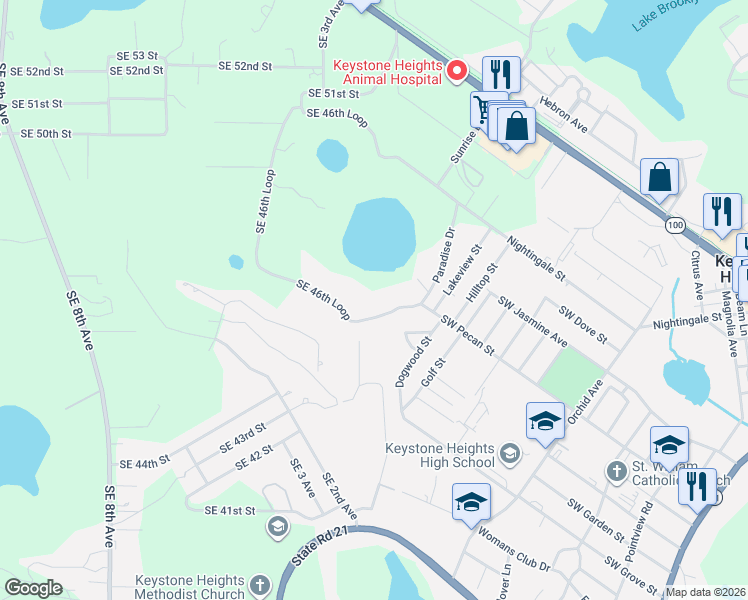 map of restaurants, bars, coffee shops, grocery stores, and more near 61 Southeast 46th Loop in Keystone Heights