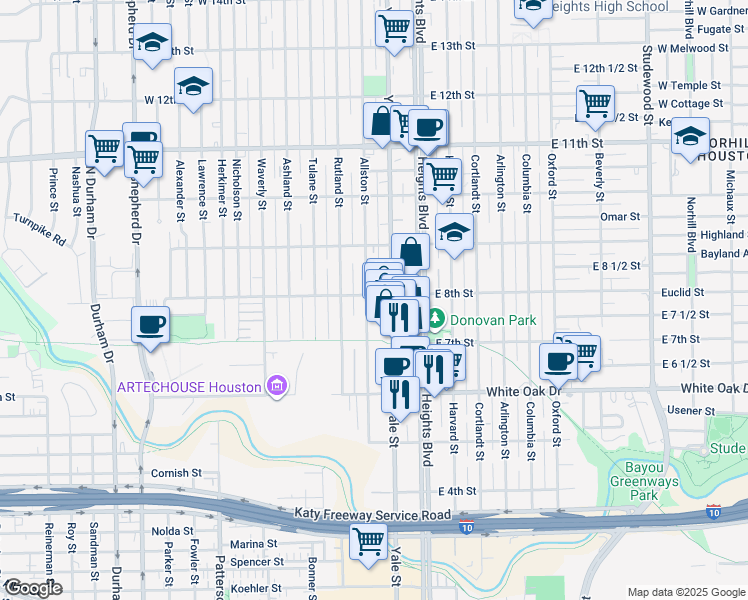 map of restaurants, bars, coffee shops, grocery stores, and more near 813 Allston Street in Houston