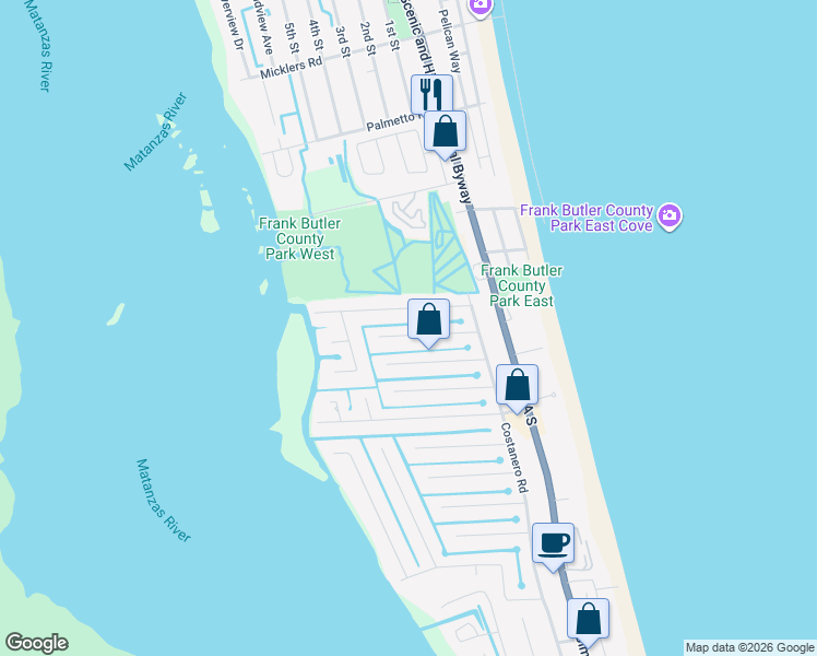map of restaurants, bars, coffee shops, grocery stores, and more near 231 Majorca Road in St. Augustine