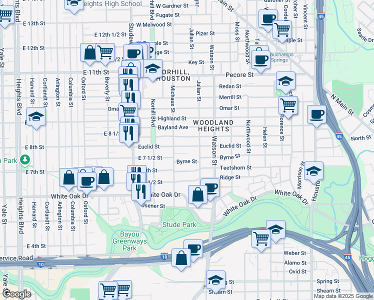 map of restaurants, bars, coffee shops, grocery stores, and more near 935 Euclid Street in Houston