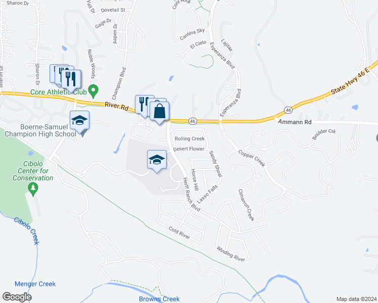 map of restaurants, bars, coffee shops, grocery stores, and more near 129 Desert Flower in Boerne