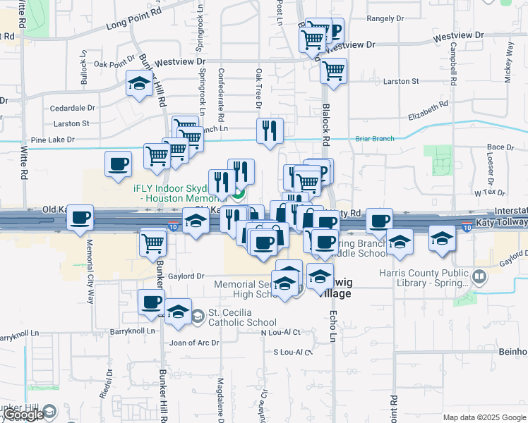 map of restaurants, bars, coffee shops, grocery stores, and more near 9440 Katy Freeway in Houston