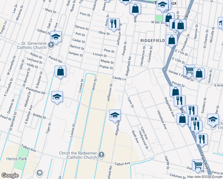 map of restaurants, bars, coffee shops, grocery stores, and more near 1315 Jefferson Street in Thibodaux