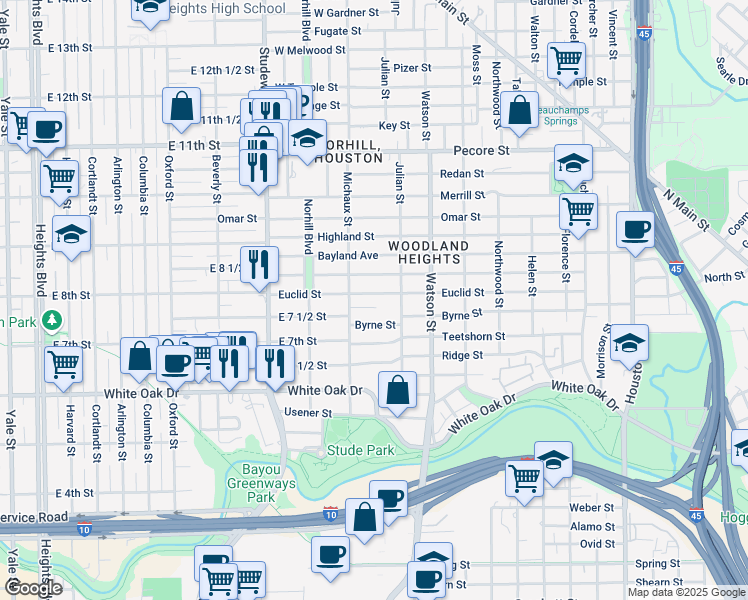 map of restaurants, bars, coffee shops, grocery stores, and more near 935 Euclid Street in Houston