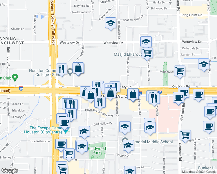 map of restaurants, bars, coffee shops, grocery stores, and more near in Houston