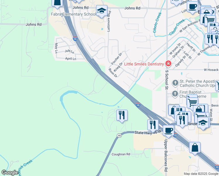 map of restaurants, bars, coffee shops, grocery stores, and more near 36025 Interstate 10 Frontage Road in Boerne