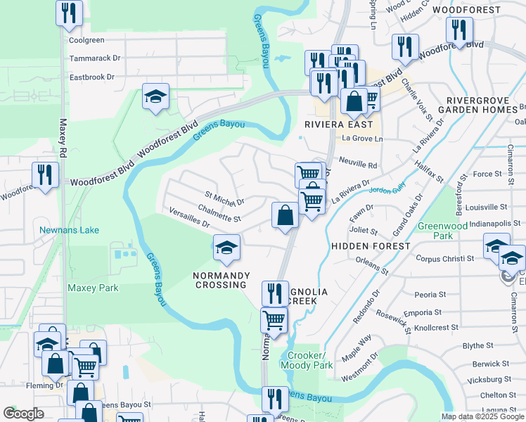 map of restaurants, bars, coffee shops, grocery stores, and more near 12558 Chalmette Street in Houston