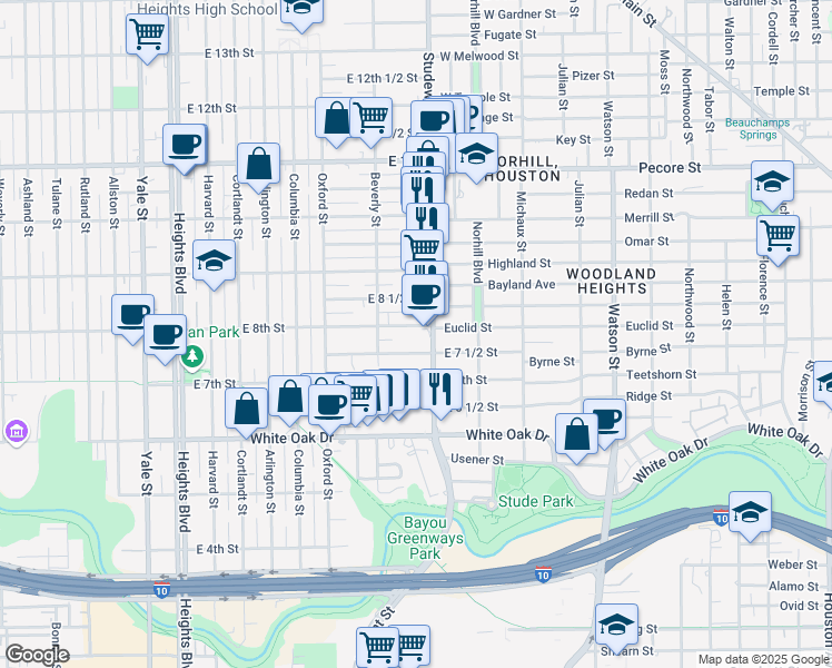 map of restaurants, bars, coffee shops, grocery stores, and more near 734 East 8th Street in Houston