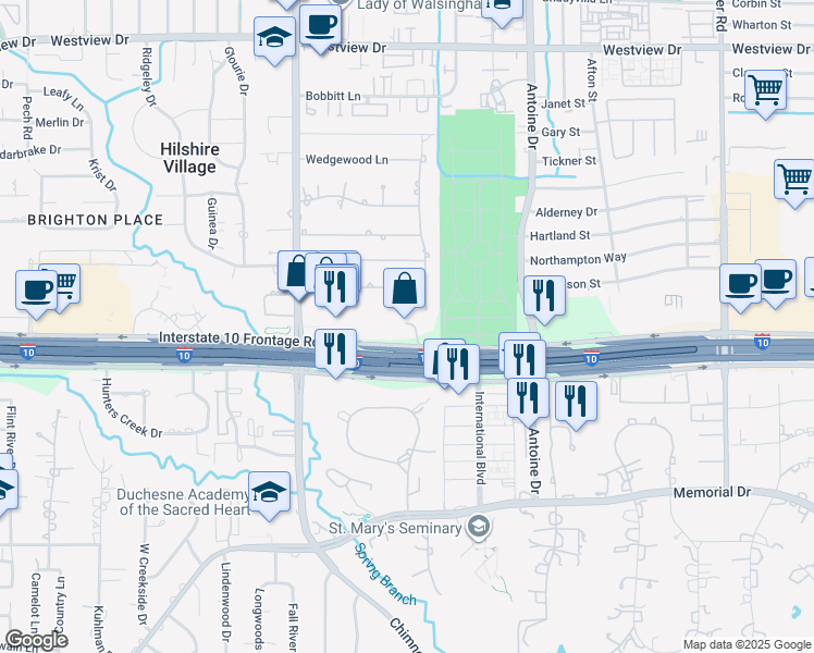 map of restaurants, bars, coffee shops, grocery stores, and more near 8020 Katy Freeway in Houston