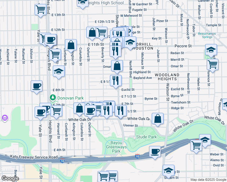 map of restaurants, bars, coffee shops, grocery stores, and more near 734 East 8th Street in Houston
