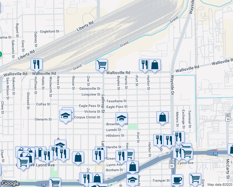 map of restaurants, bars, coffee shops, grocery stores, and more near 7019 Gainesville Street in Houston