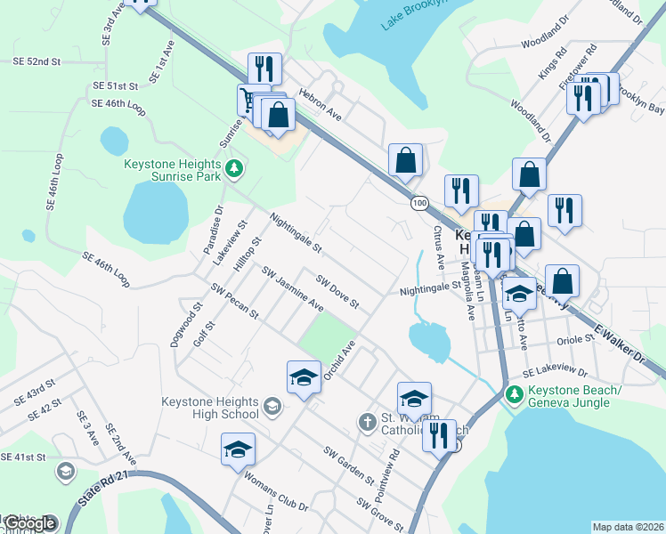 map of restaurants, bars, coffee shops, grocery stores, and more near 635 Nightingale Street in Keystone Heights